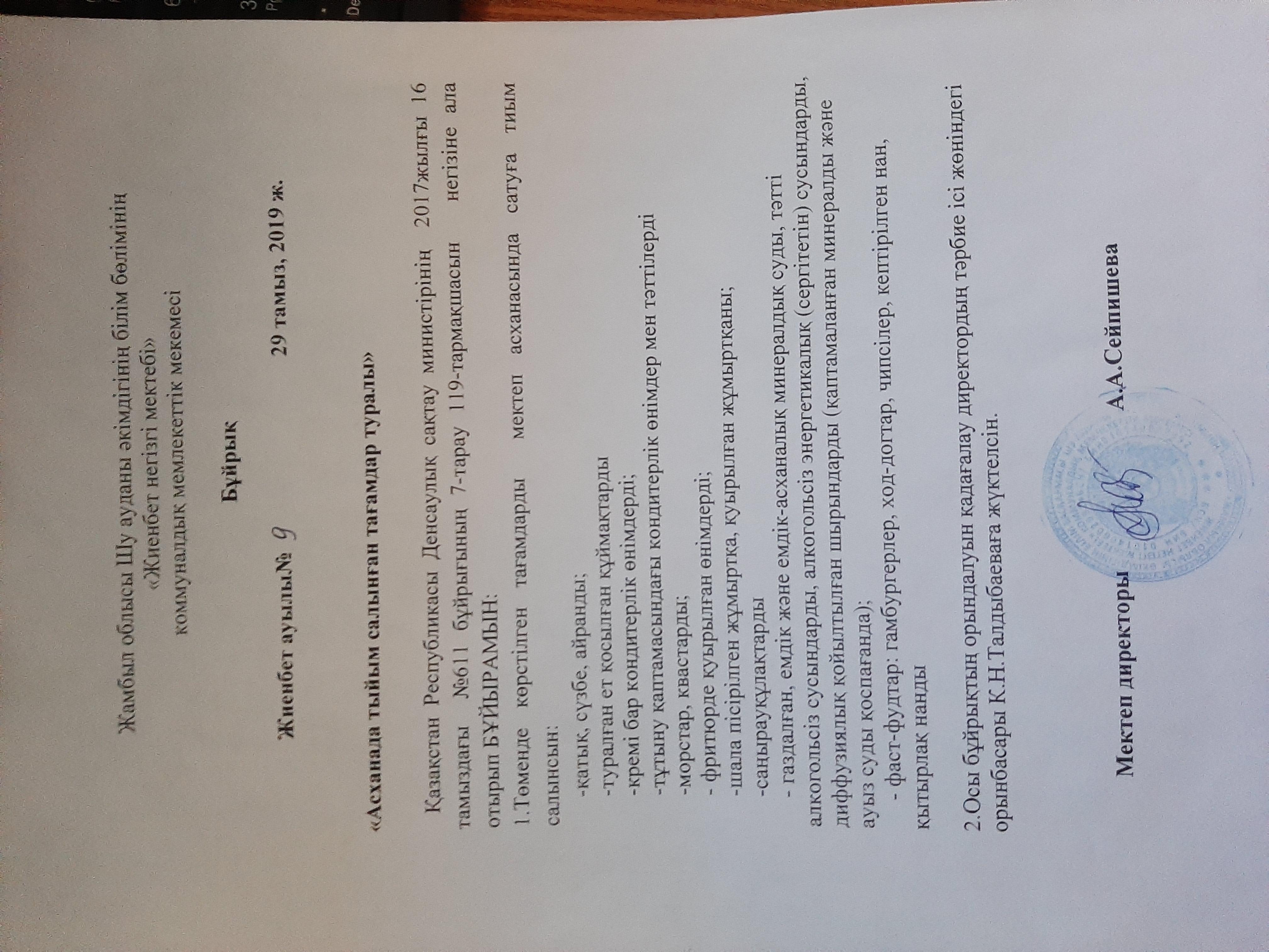 Асханада тыйым салынған тағамдар туралы бұйрығы